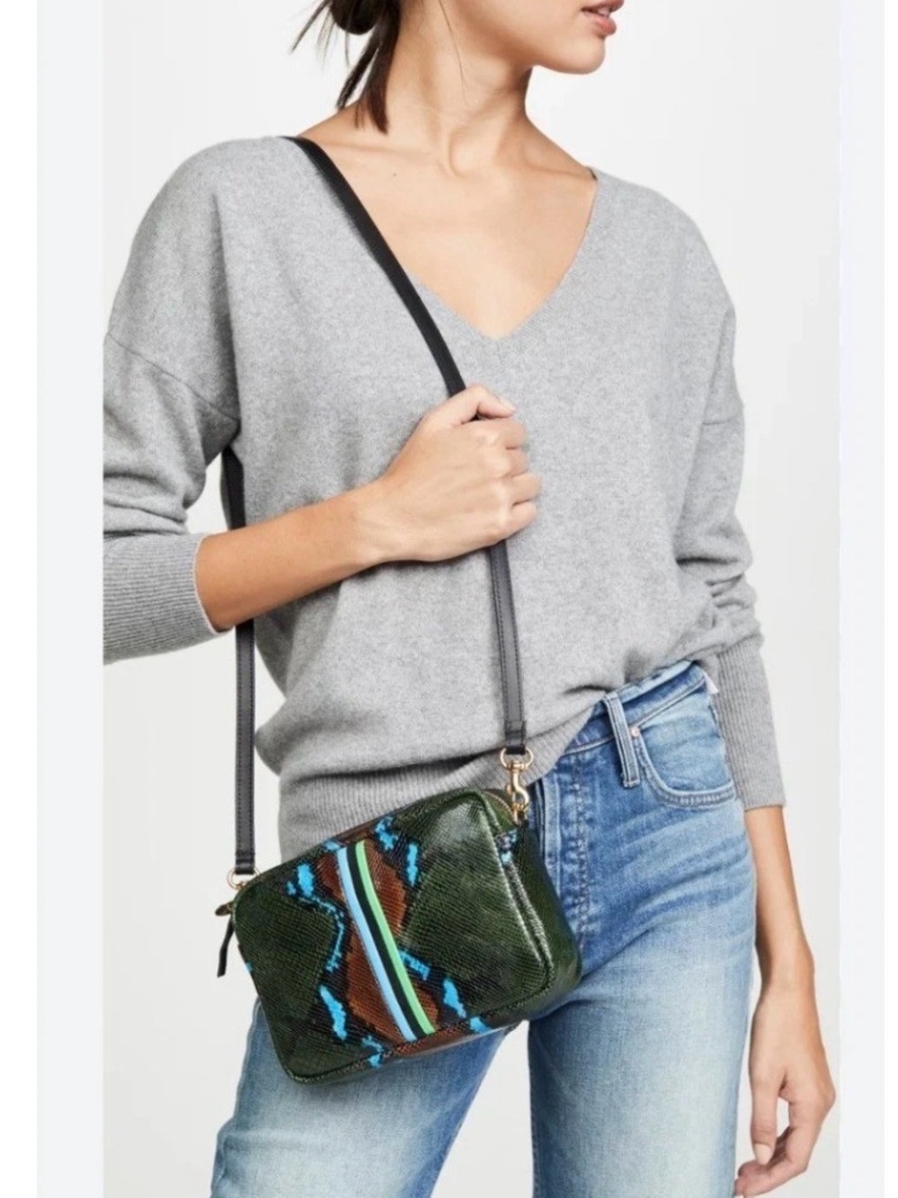 Clare V Midi Sac Women Green Snake Embossed Leather Crossbody Camera Bag NWT - Picture 2 of 9